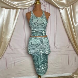 Stylish Green Money Print Skirt Set